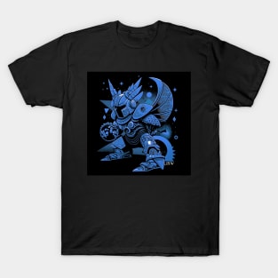 blue armor metallic knight in ecopop mexican ornament suit art T-Shirt